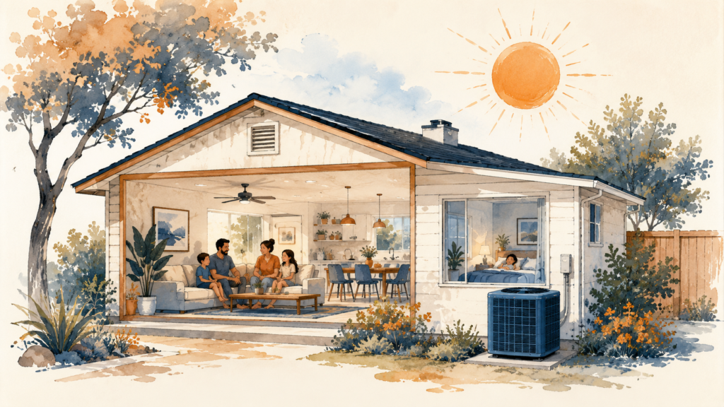 A cozy suburban Elk Grove home under a warm summer sun with a cool blue outdoor AC unit running and a family comfortable indoors