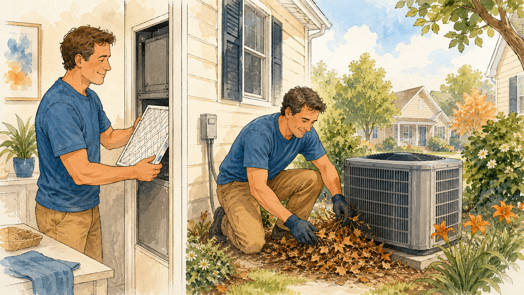 A person doing summer AC prep, sliding in a clean filter and clearing leaves from an outdoor condenser beside a home