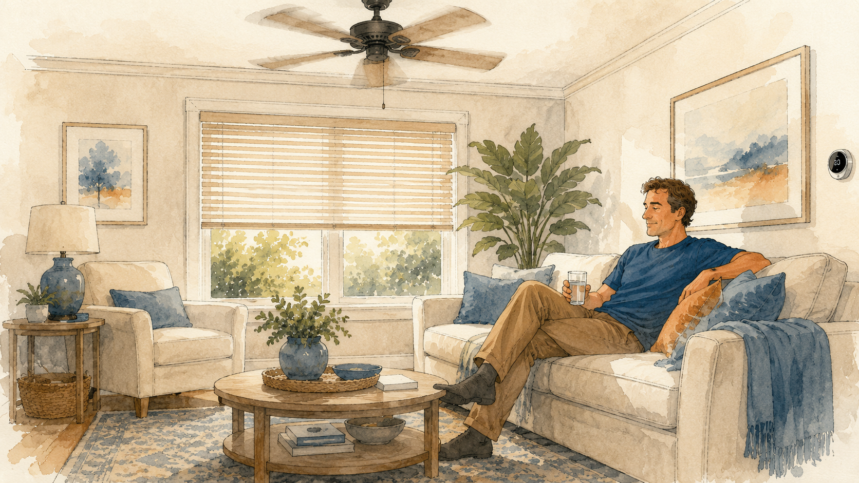 A comfortable living room on a hot day with blinds partly closed, a ceiling fan turning, and a round wall thermostat