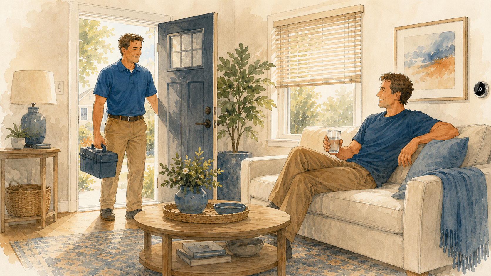 A homeowner staying cool with a glass of water while a cool blue AC pro arrives at the door with a toolbox