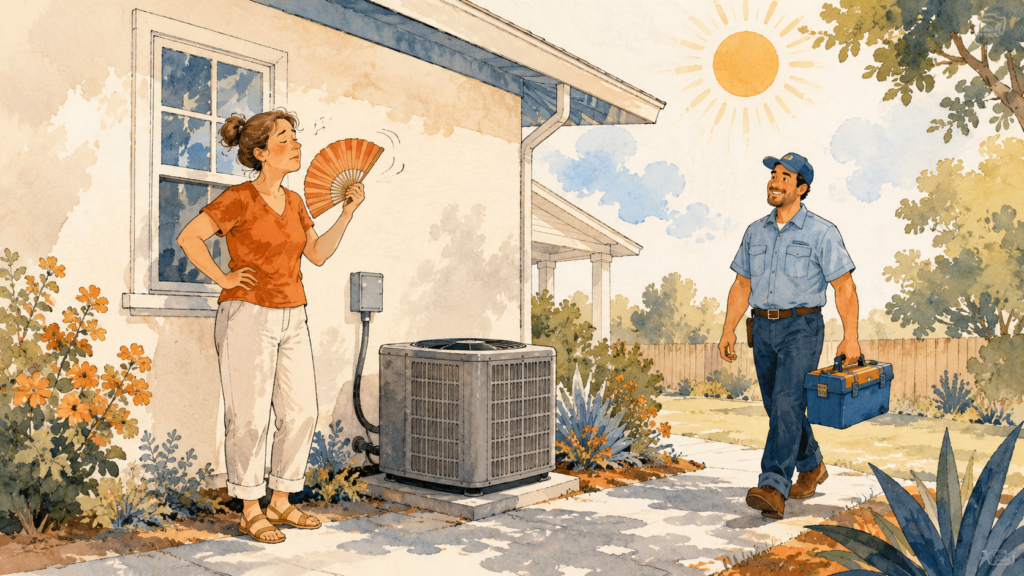A homeowner fanning themselves beside a silent outdoor AC unit under a strong sun while a cool blue AC pro arrives with a toolbox