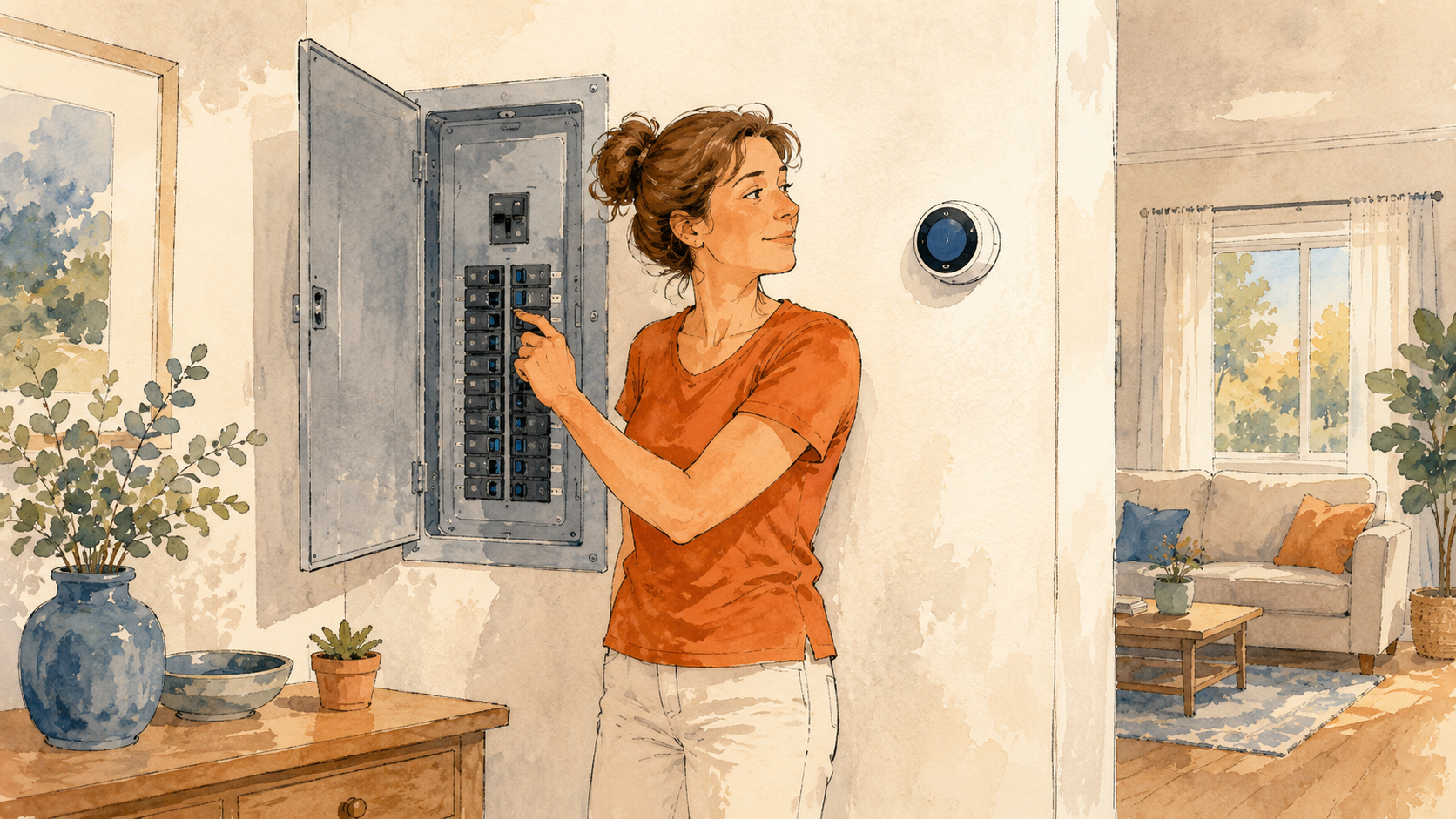A homeowner calmly checking a home breaker panel and a round wall thermostat during a hot day