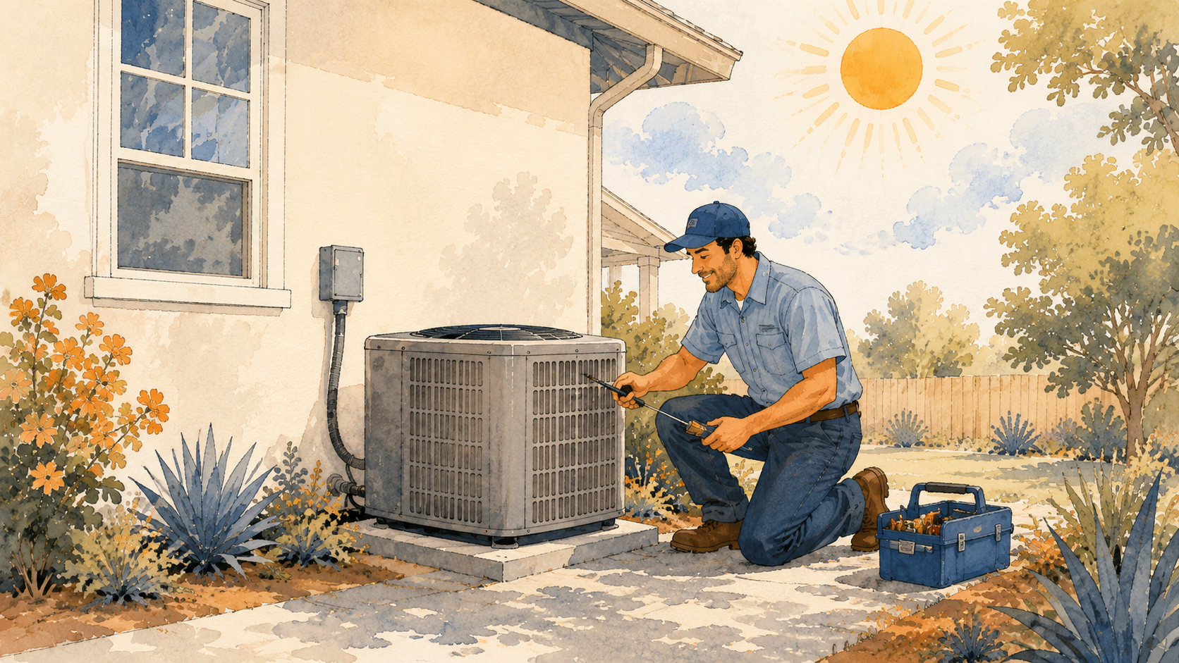 A friendly AC technician kneeling at an outdoor condenser unit diagnosing it on a hot sunny day