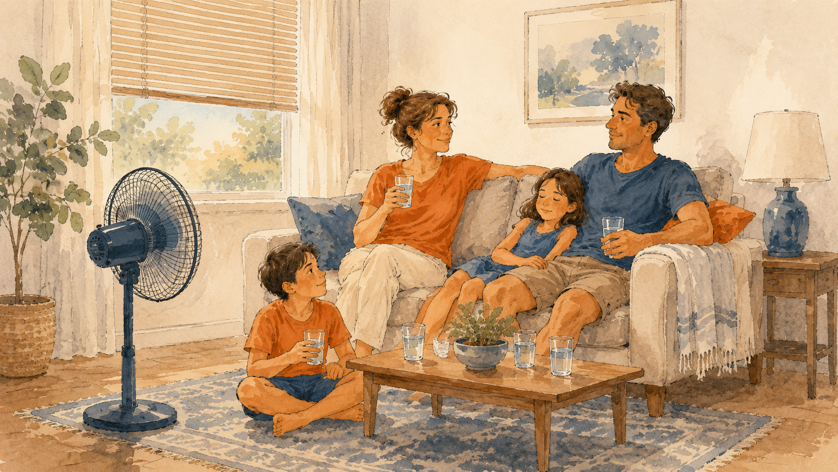A family staying comfortable in one cool room during a heat wave with blinds closed, a fan running, and glasses of water