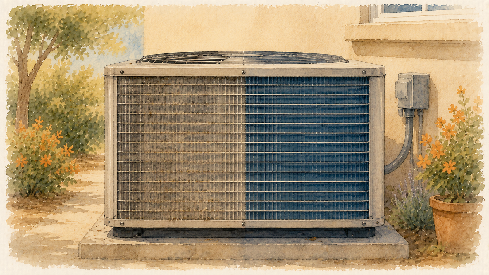 Close up of dirty versus clean AC condenser fins