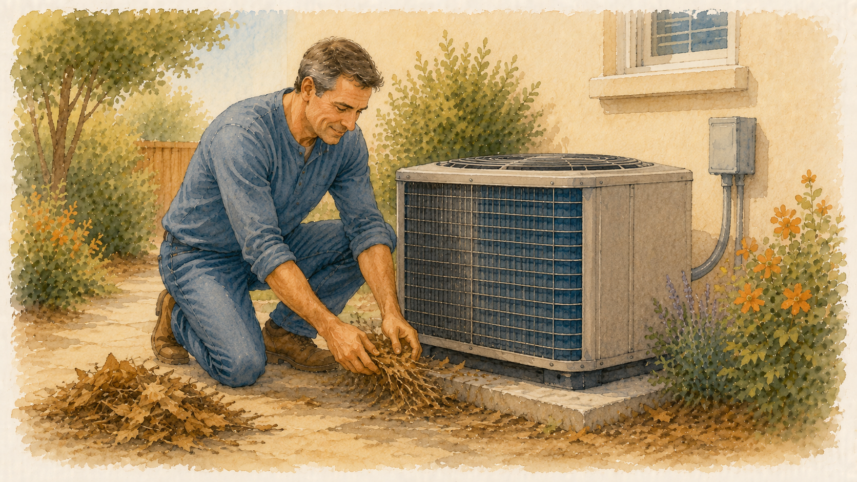 Homeowner clearing debris from around an outdoor AC unit