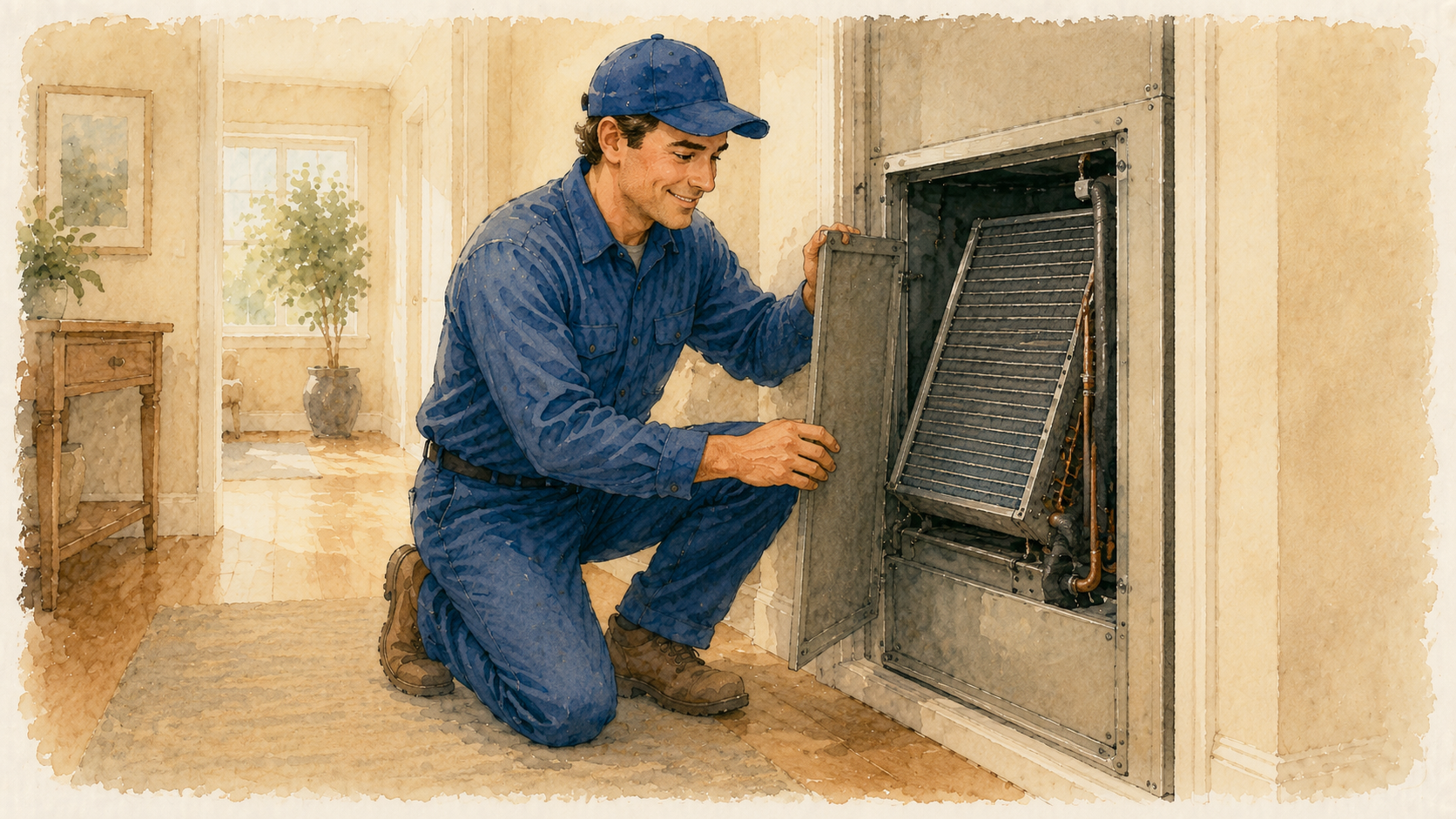 Technician inspecting an indoor evaporator coil in an air handler