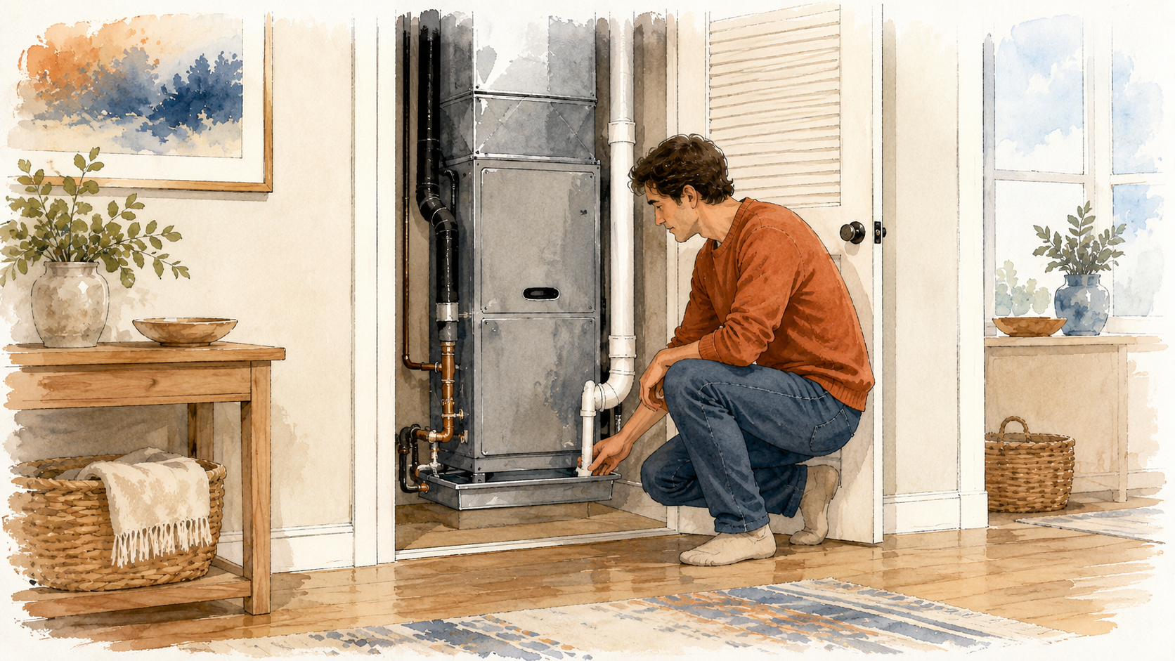 A homeowner inspecting an indoor AC air handler, its drip pan, and the white condensate drain line