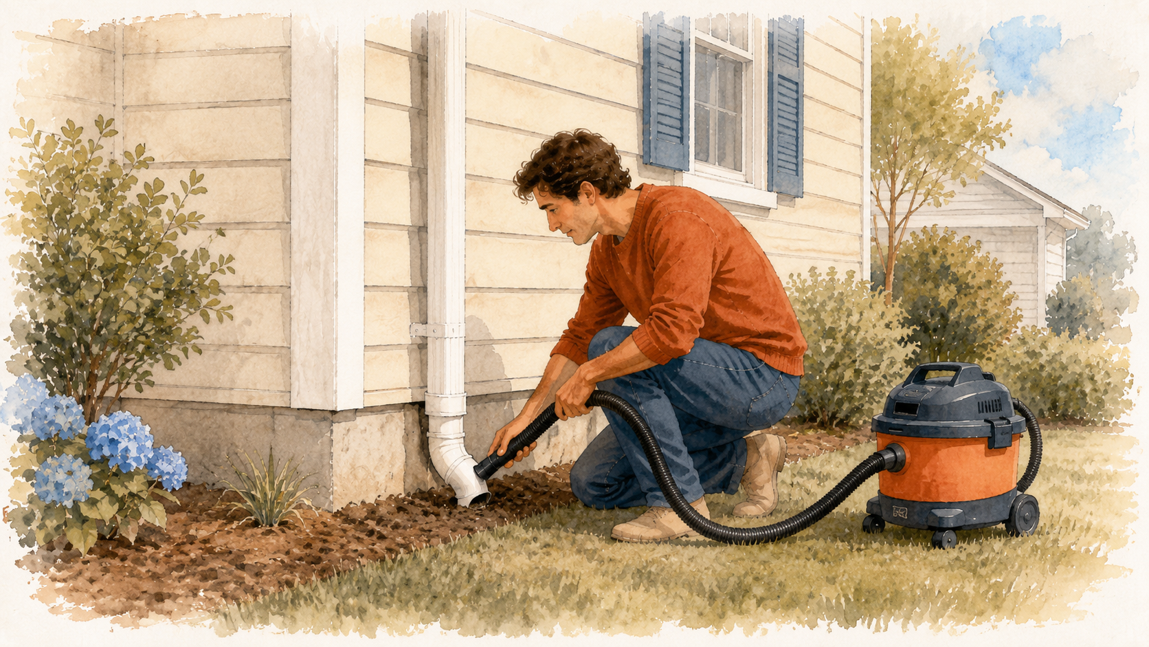 A homeowner using a wet dry vacuum at the outdoor end of a white condensate drain pipe to clear a clog