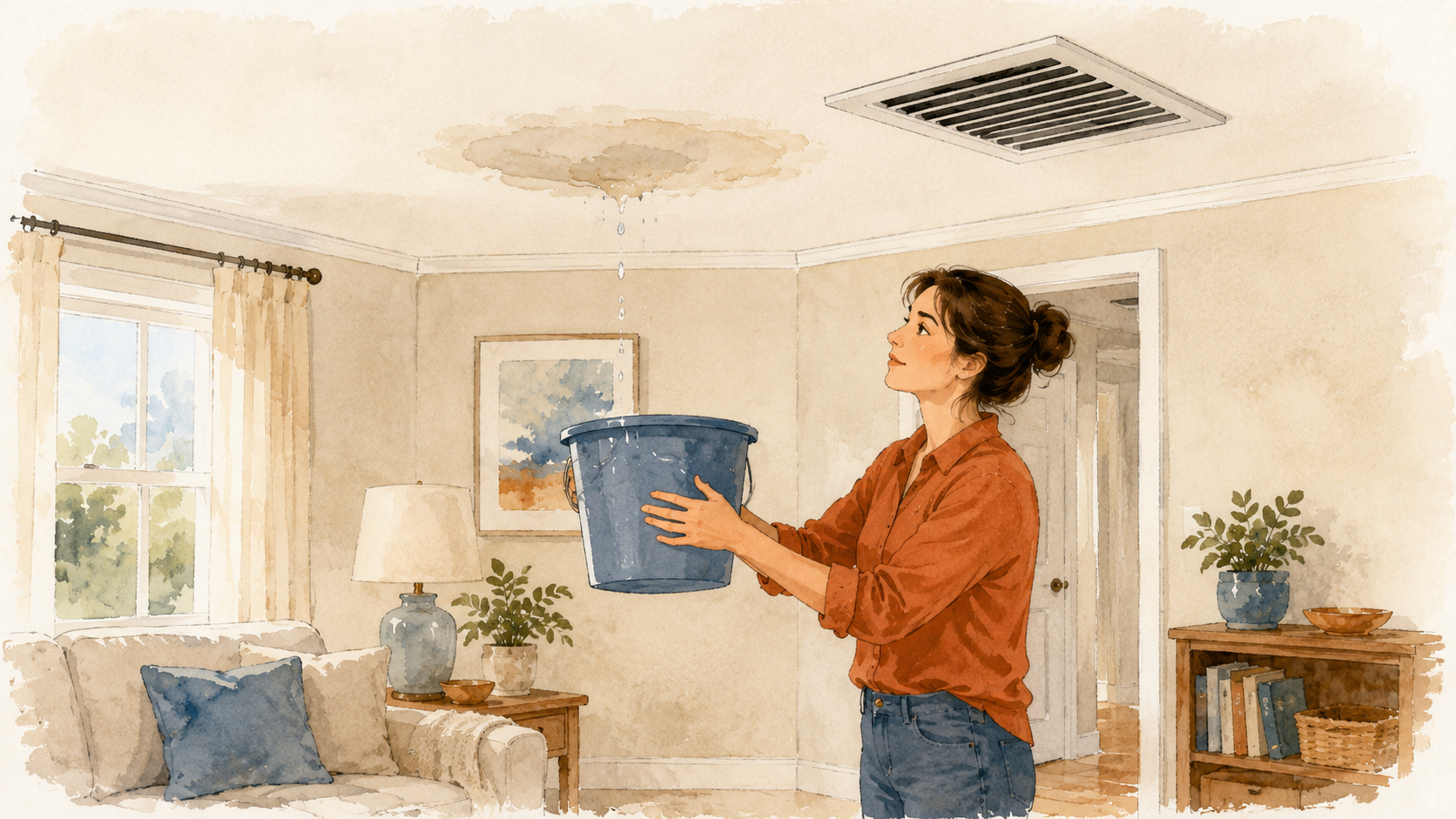 A small water stain on a ceiling beneath an air handler with a homeowner placing a bucket to catch drips