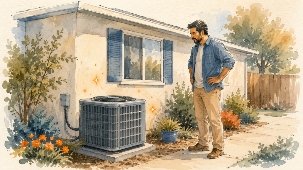 Outdoor home AC unit with warning sparkles and a concerned homeowner in Elk Grove