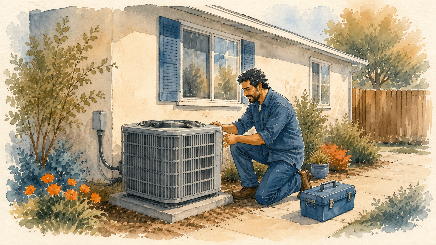 AC technician checking an outdoor unit beside a home