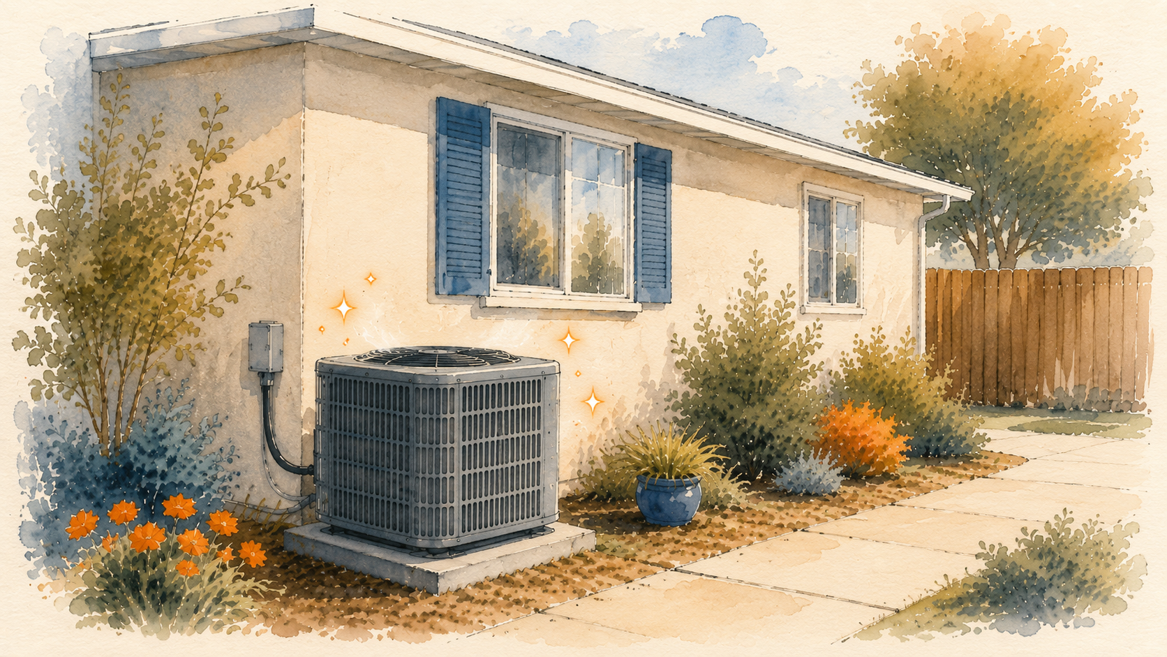 Single story Sacramento Valley home with an AC unit on a hot summer day