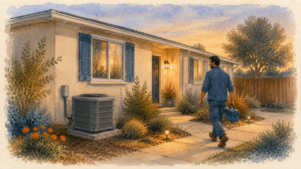 AC technician arriving at a home at dusk with a toolbox in Elk Grove