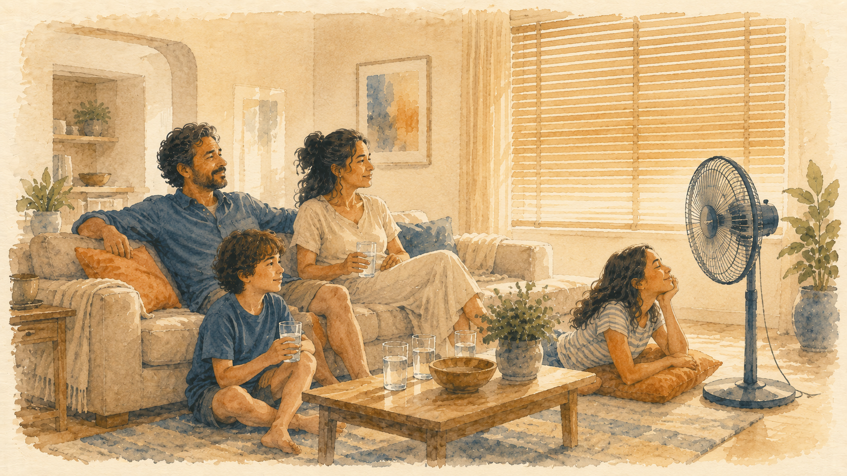 Family staying cool indoors with a fan and water