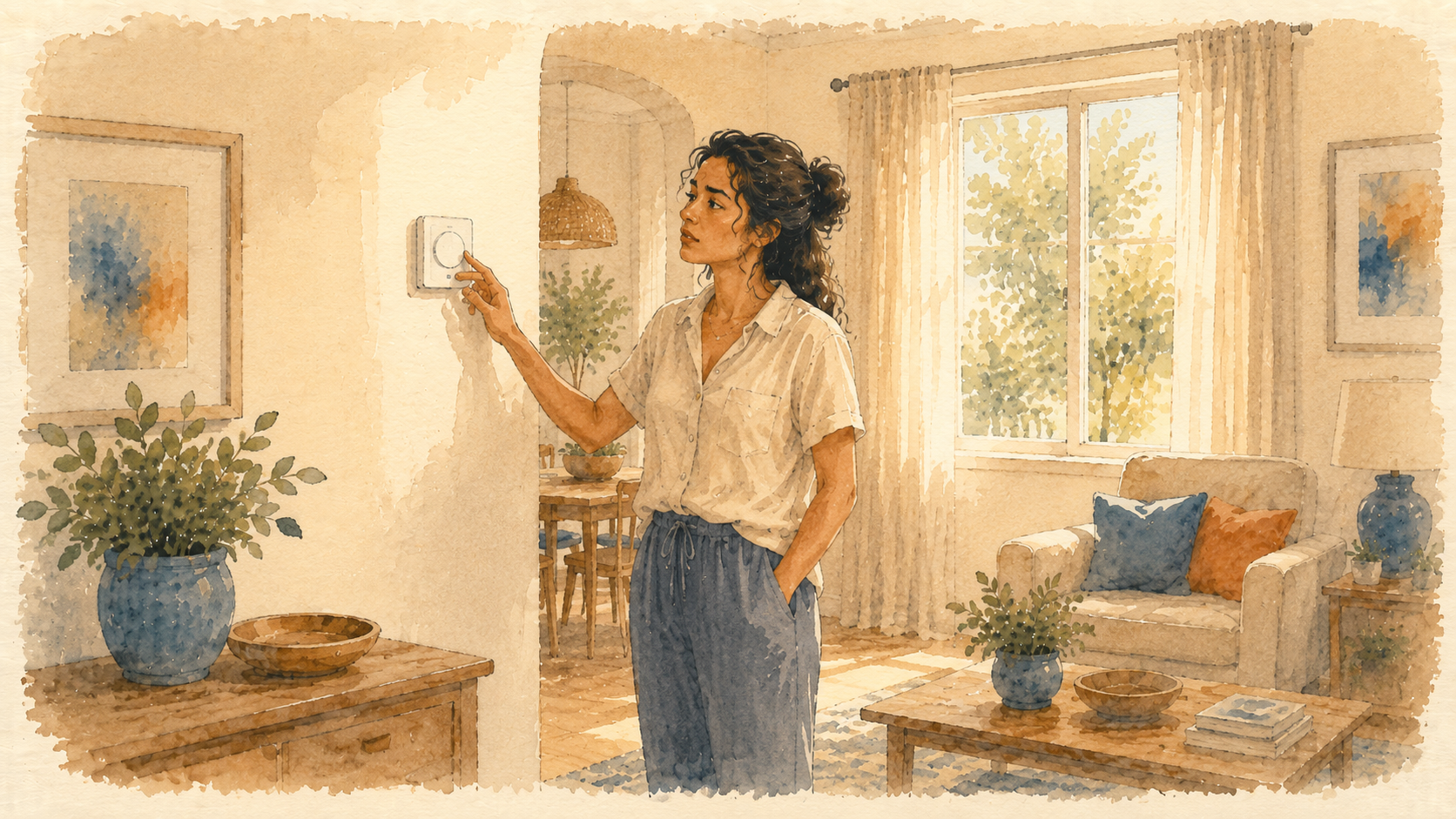 Person checking a wall thermostat in a warm home