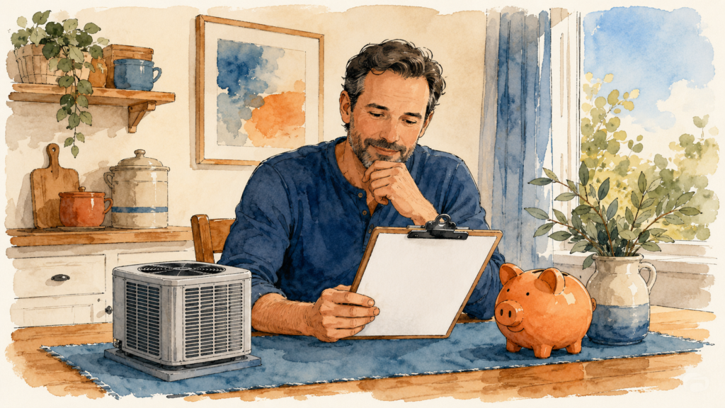 Homeowner reviewing an AC repair estimate at a kitchen table with a piggy bank