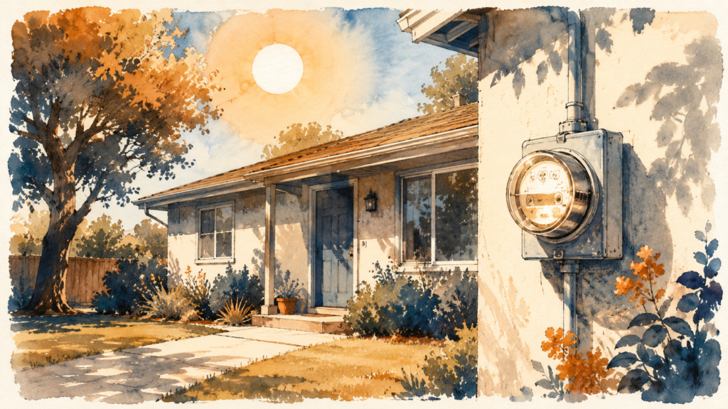 Suburban Elk Grove home under a hot summer sun with a glowing utility meter dial