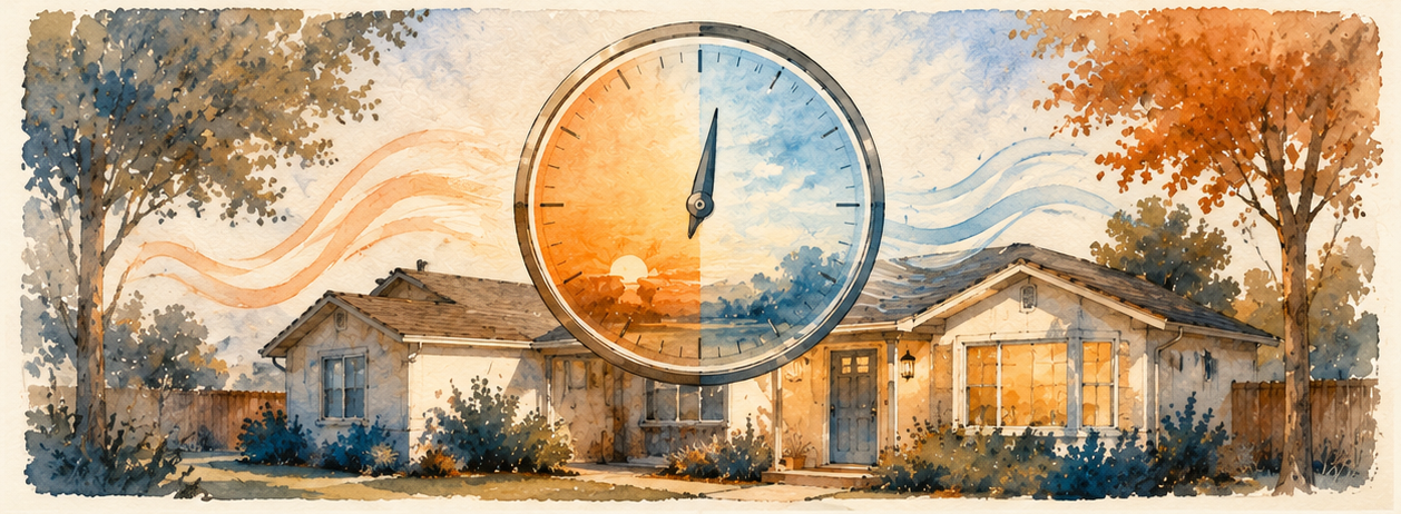 A clock over a home split between a warm evening and a cool morning showing peak power hours