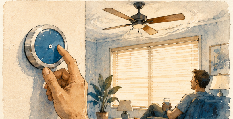 A hand adjusting a wall thermostat while a ceiling fan spins and blinds block the afternoon sun