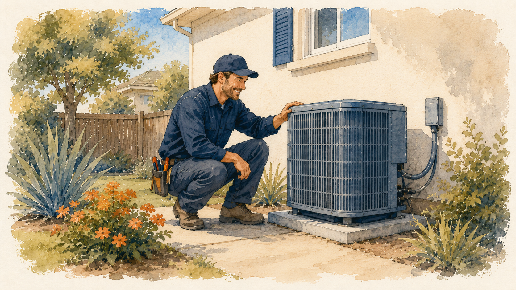 A local HVAC technician kneeling beside an outdoor AC unit at a Sacramento Valley home