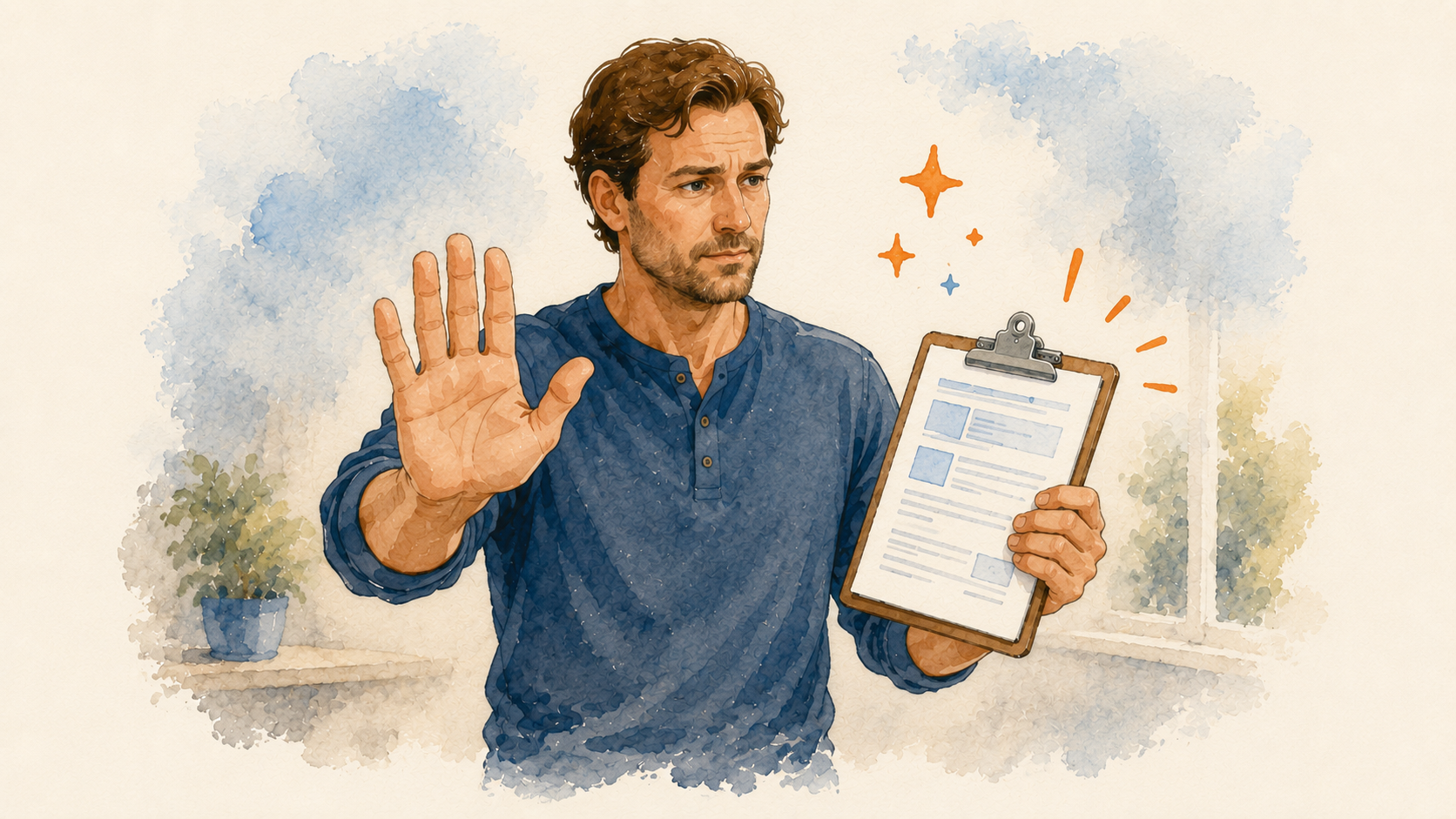 A cautious homeowner raising a hand to signal watch out for HVAC contractor red flags