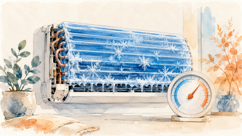 A frost covered air conditioner evaporator coil with ice crystals and a thermometer