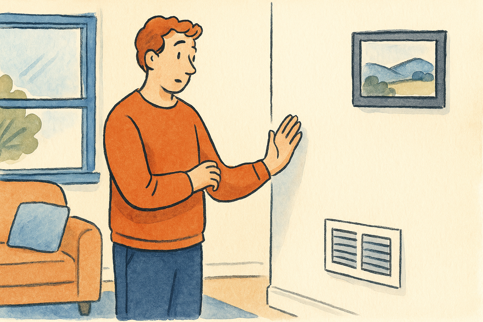 A homeowner holding a hand up to a wall vent feeling weak airflow