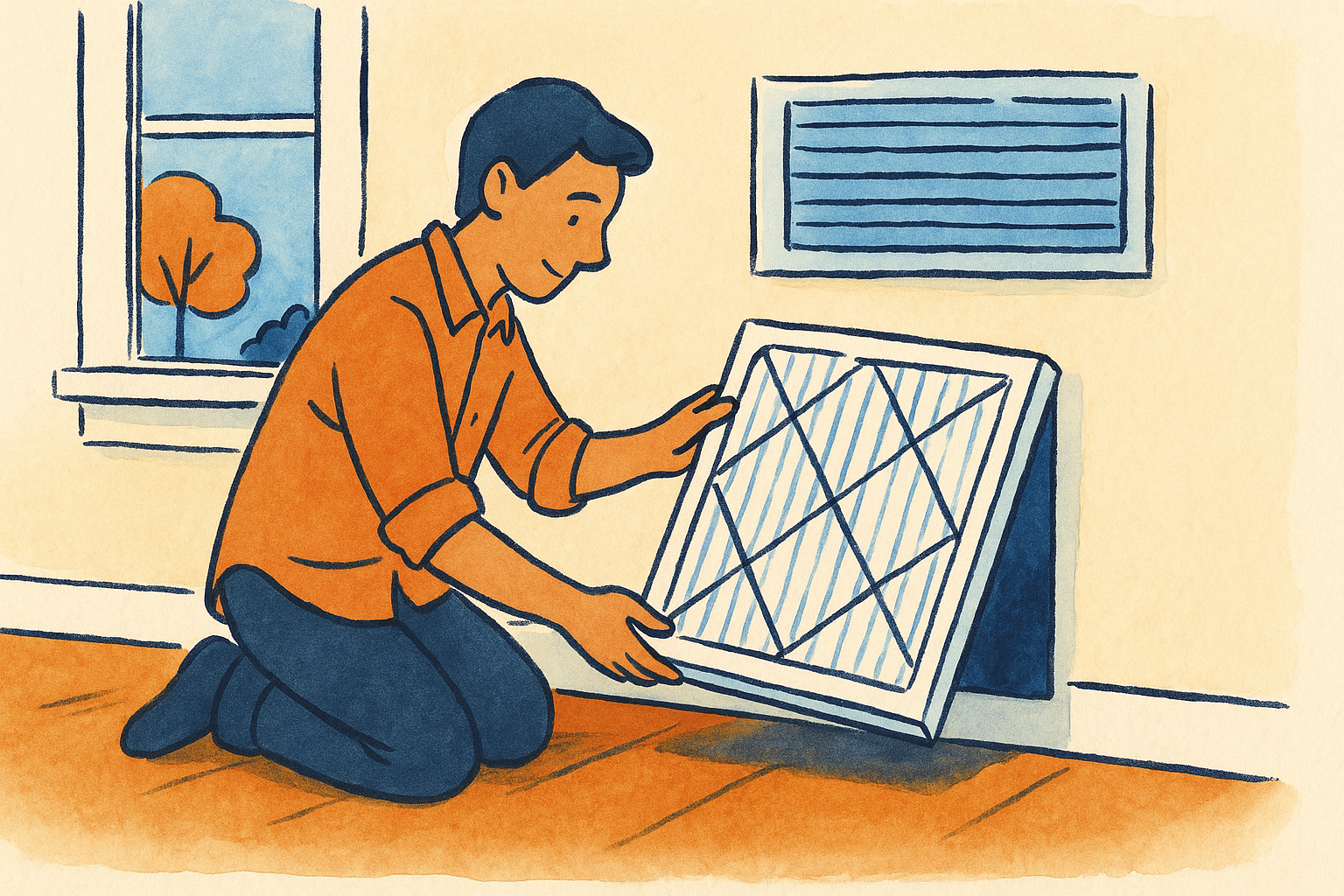 A clean pleated air filter sliding into a return air vent