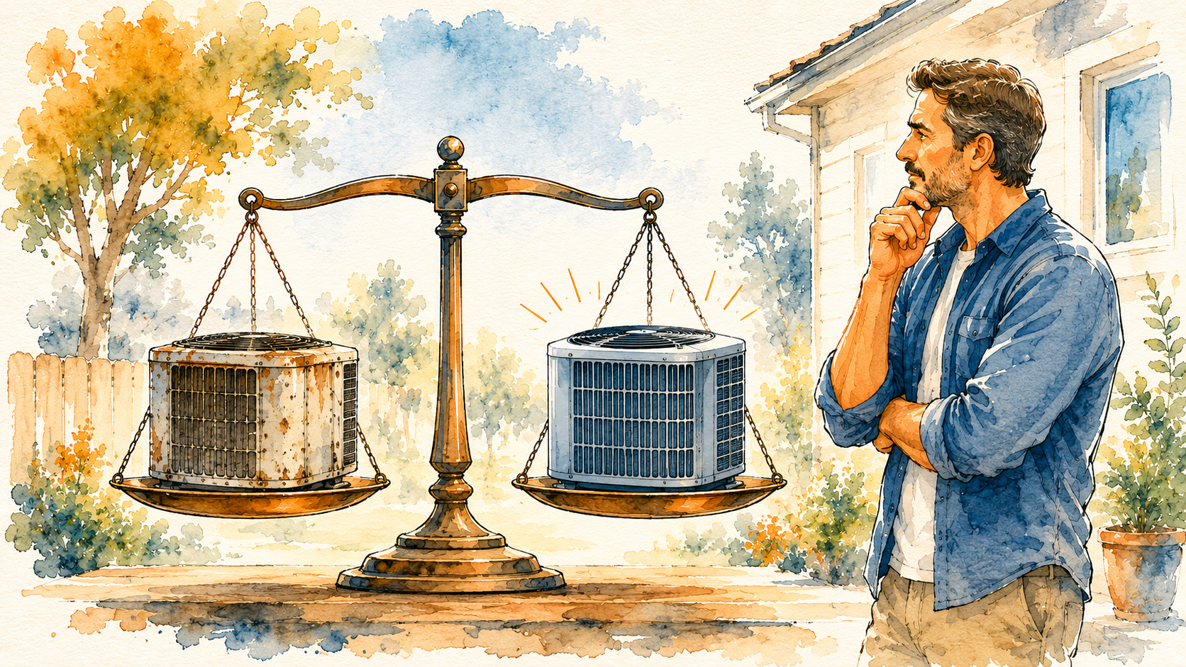 Balance scale weighing an old worn AC unit against a shiny new one as a homeowner decides