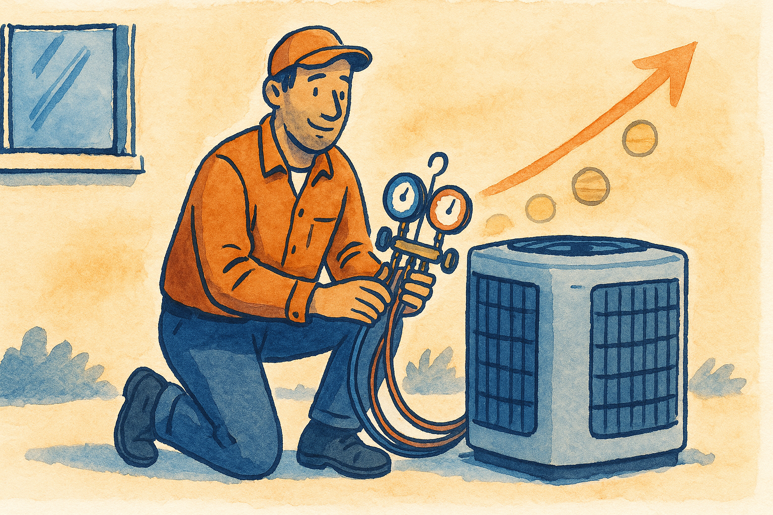 Technician holding a refrigerant gauge beside an AC unit with rising coins showing higher cost