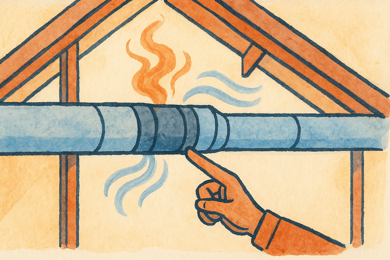 Attic duct with a leaking joint releasing warm air while cool air flows through the intact section