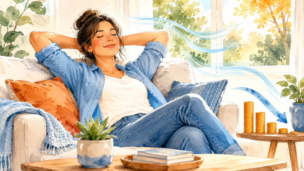 Relaxed homeowner in a cool bright living room with a cool blue breeze and stacked coins