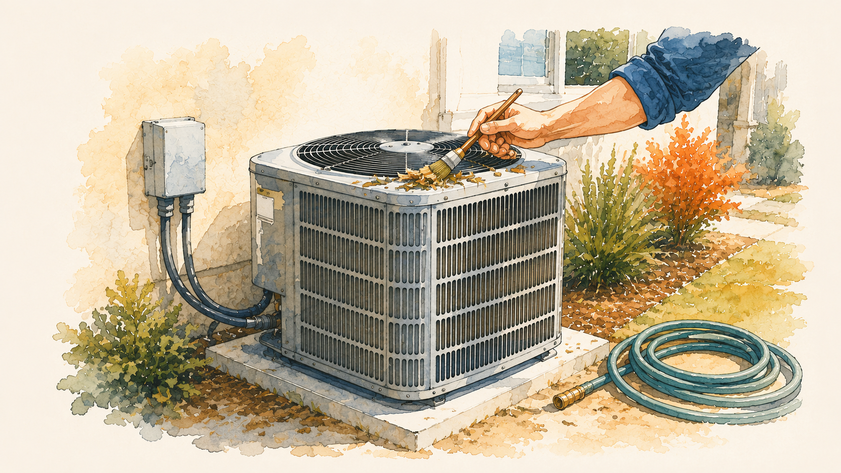 Outdoor AC condenser unit being cleared of leaves and debris in a sunny yard
