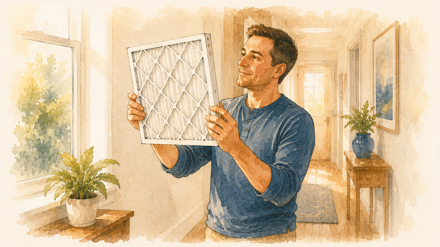 Homeowner holding a fresh air filter up to the window light to check it