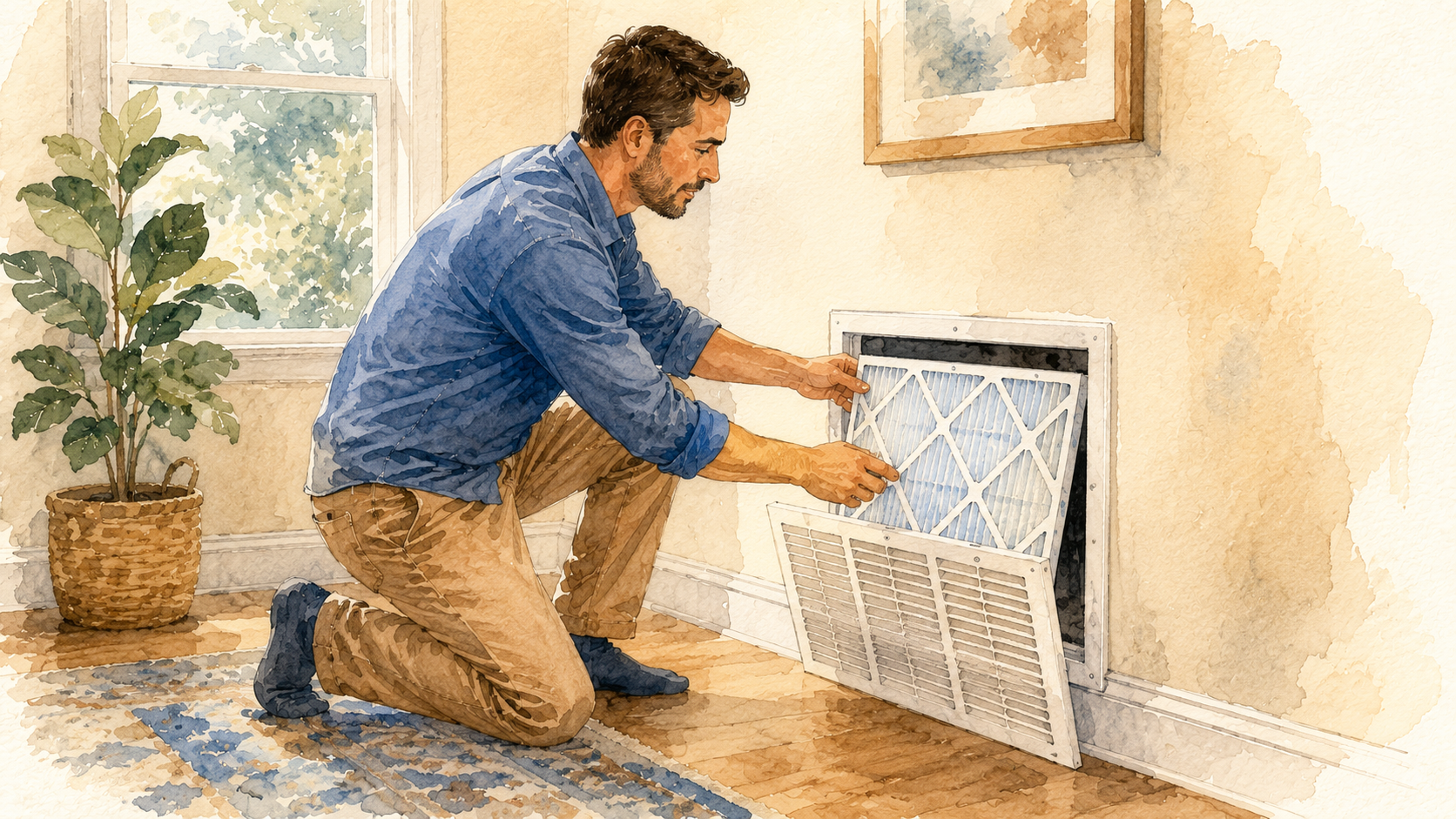 A homeowner sliding a clean filter into an indoor return vent