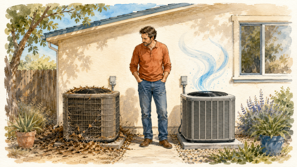 A homeowner comparing a dusty neglected outdoor AC unit with a clean well cared for one beside an Elk Grove home