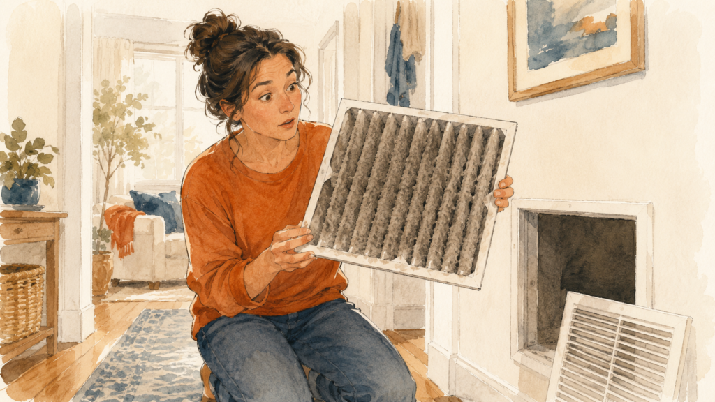 A homeowner holding up a heavily clogged grey air filter pulled from a hallway return vent