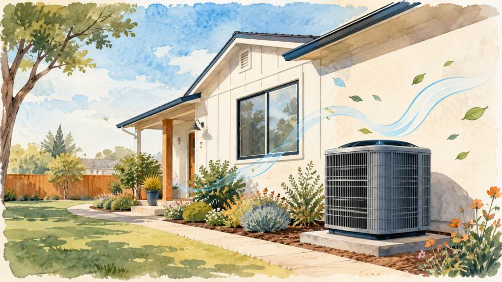 Efficient outdoor air conditioning unit beside an Elk Grove home with cool airflow lines and a leaf motif