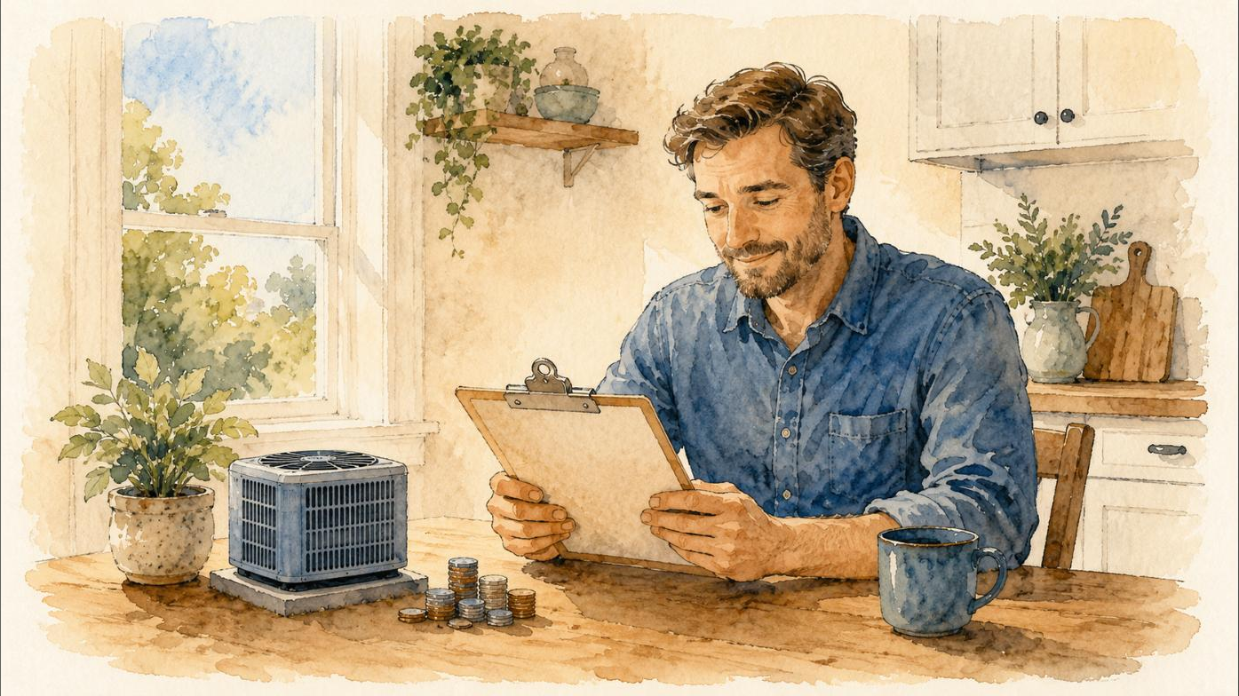 A calm homeowner at a kitchen table reviewing an estimate with coins and a small AC unit nearby
