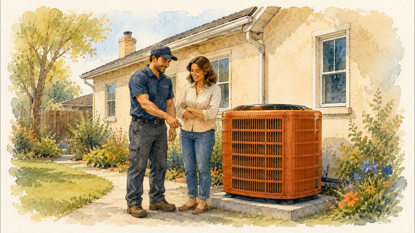 A friendly technician and a homeowner looking at an outdoor HVAC unit beside a sunny home