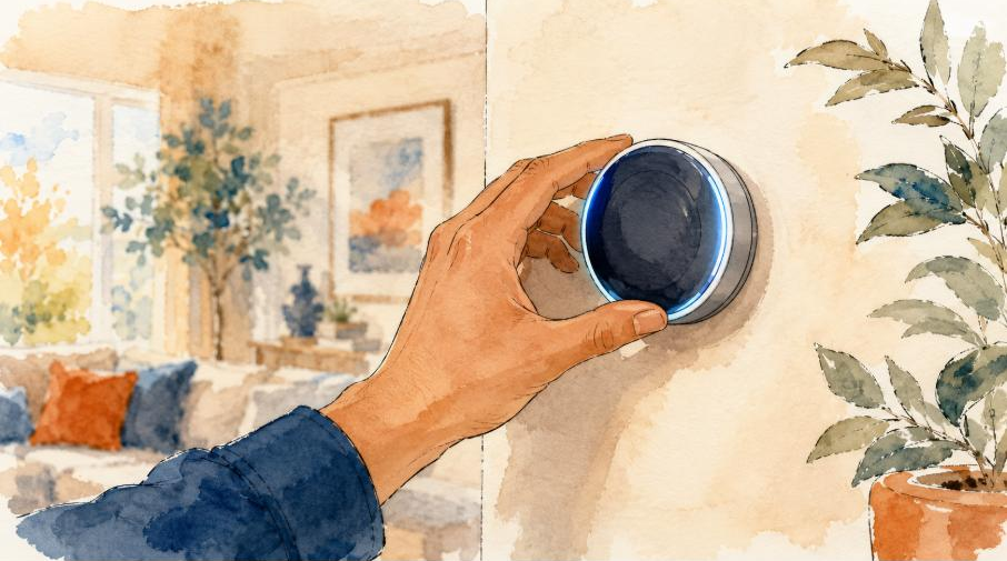 A hand adjusting a round smart thermostat glowing blue on a cozy living room wall