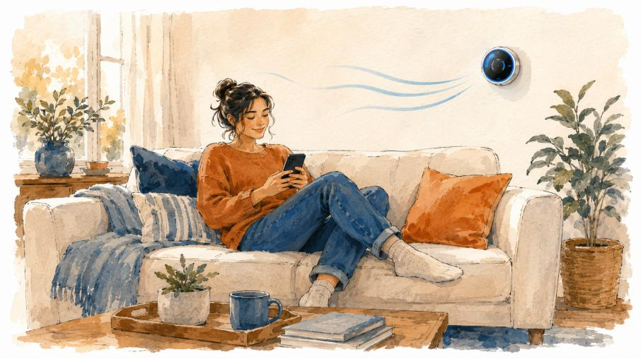 A person relaxing on a couch with a phone and a smart thermostat on the wall
