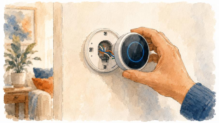 A hand holding a round thermostat beside an open wall baseplate showing wires