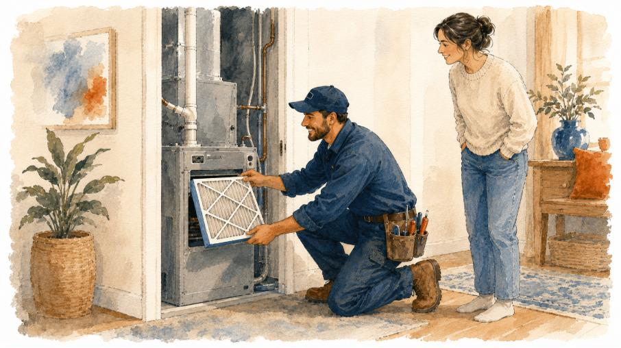 An HVAC technician sliding a clean filter into an indoor unit as a homeowner watches