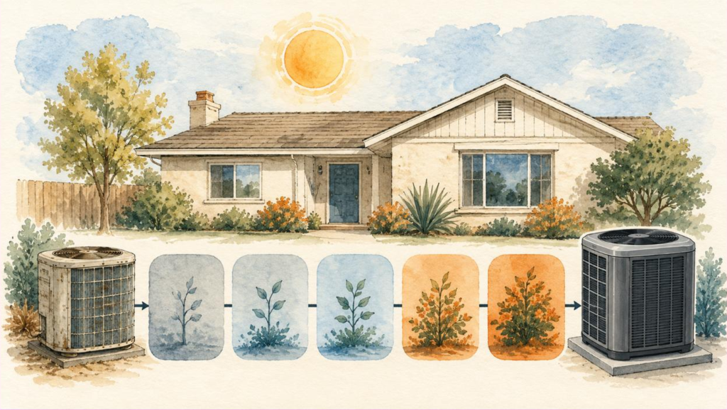 Illustrated timeline showing an old outdoor AC unit progressing to a new one beside a suburban home