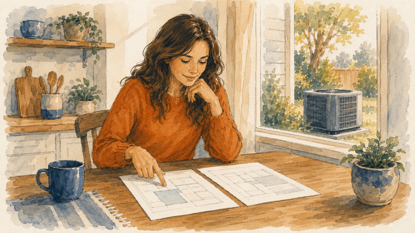 Homeowner at a kitchen table comparing two AC financing quotes side by side