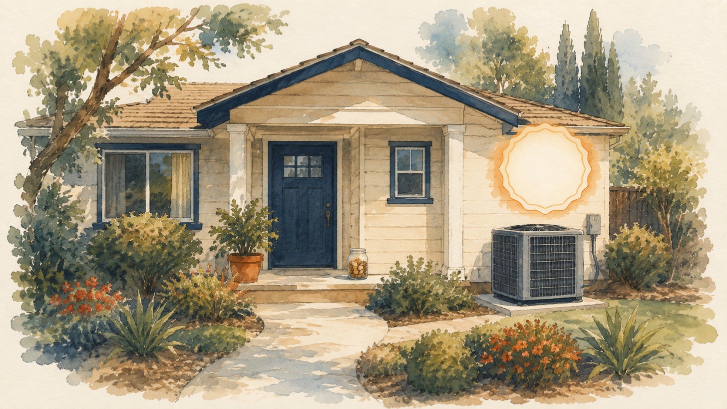 Suburban Elk Grove home with a glowing rebate badge near its outdoor AC unit and a savings jar