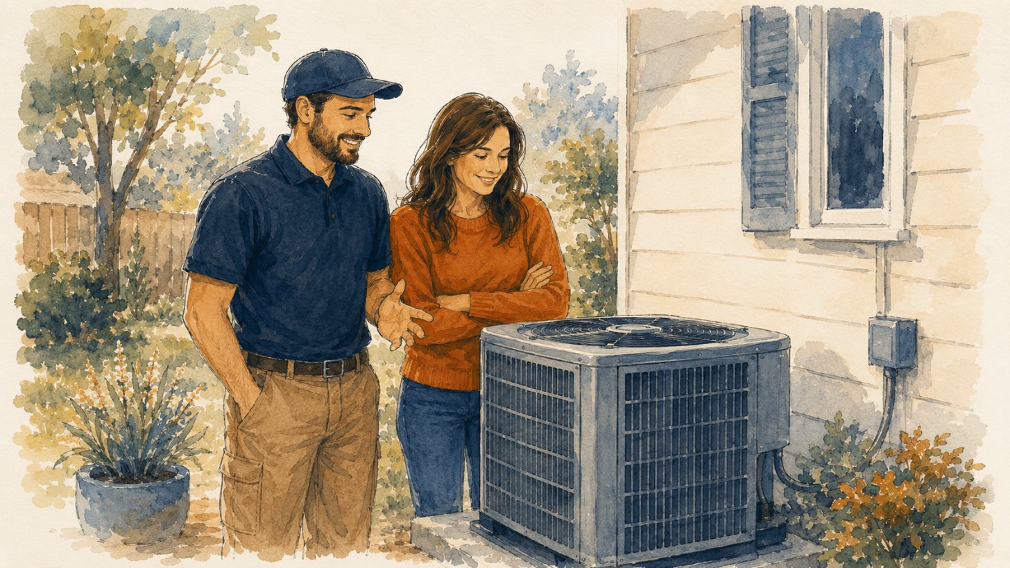 Technician and homeowner standing beside a newly installed outdoor AC unit