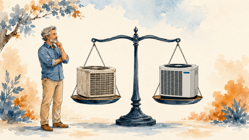 A balanced scale weighing an older air conditioner against a new one with a homeowner deciding